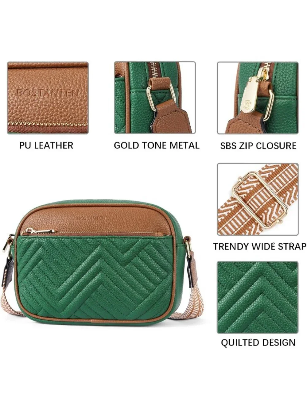 Women's Green Brown Leather Crossbody Purses Shoulder Handbags with Wide Strap